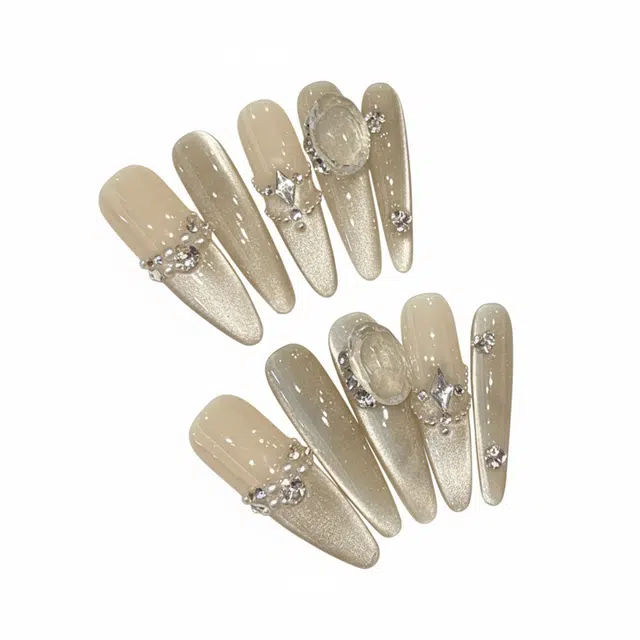 凡泽 宽光猫眼珍珠法式链条碎钻  穿戴甲 尖型裸色渐变 爆闪