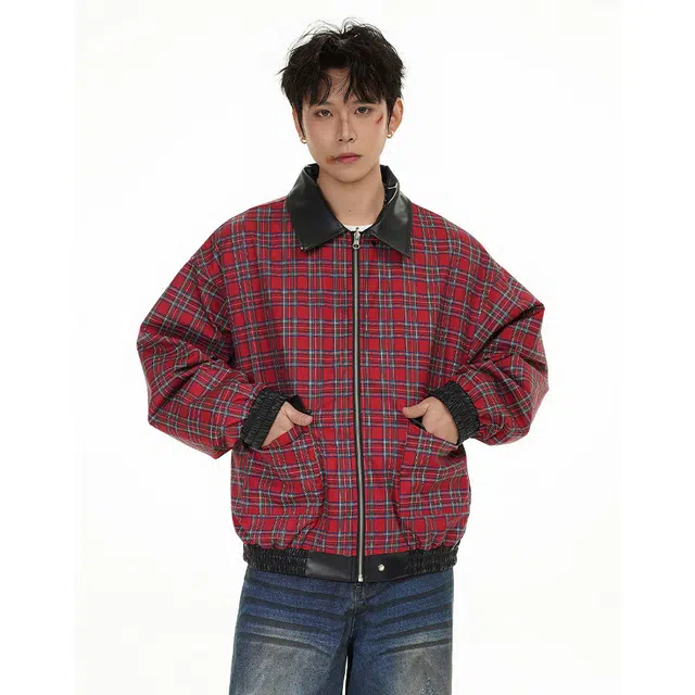 冈哉 美式复古双面穿皮衣外套撞色格纹简约翻领慵懒感个性痞帅日常通勤柔软舒适亲肤飞行夹克 男女同款