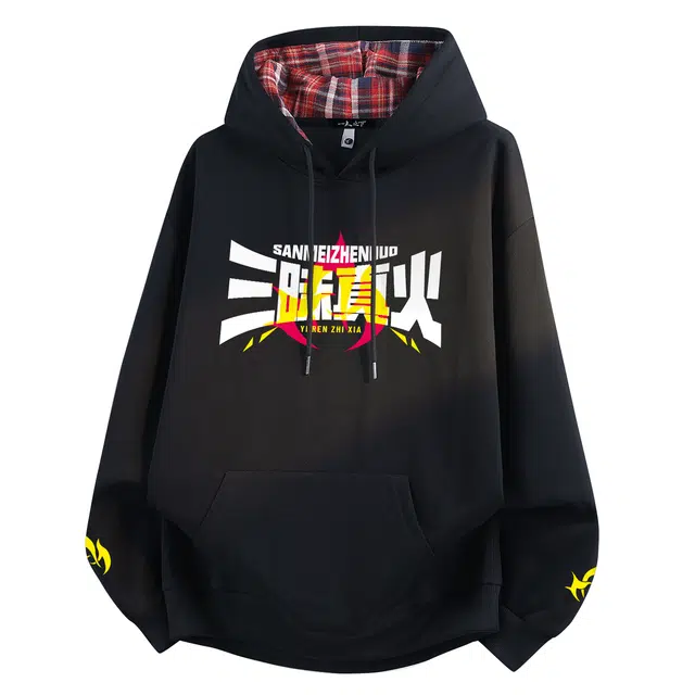 一人之下 美式高街复古卡通字体图案开学季学院风少年感休闲日常百搭高级感回头率柔软舒适亲肤时尚落肩加绒加厚格子连帽卫衣 男女同款