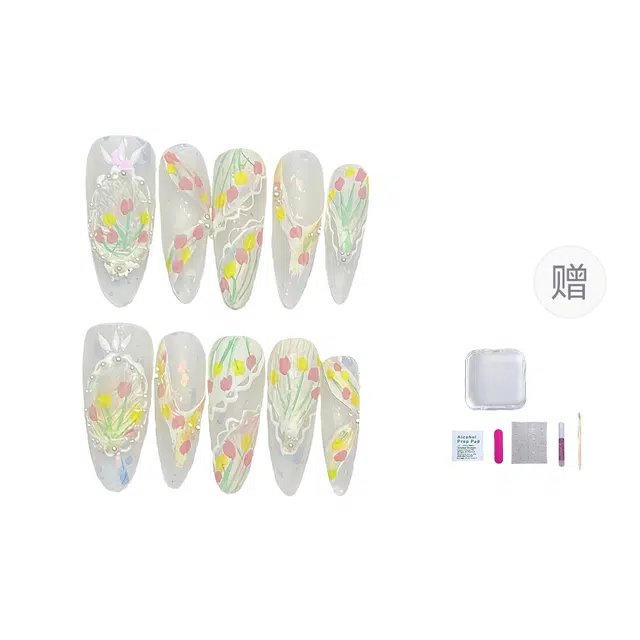 几多萌 【妙笔生花】穿戴甲纯手作彩色手绘郁金香可爱磨砂美甲  杏仁粉黄色晕染