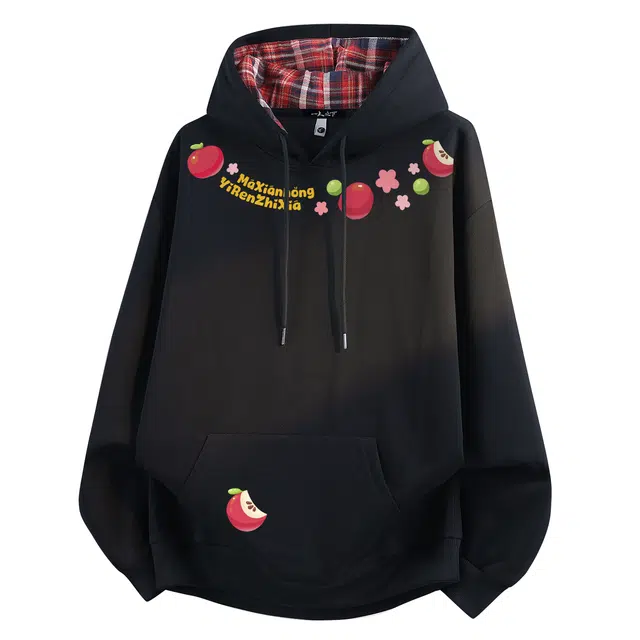 一人之下 美式高街复古苹果可爱植物图案印花潮流慵懒感无性别主义高级感百搭休闲学院风少年感宽松舒适落肩加绒加厚格子连帽卫衣 男女同款