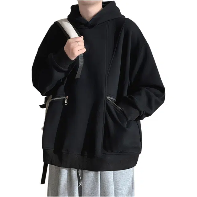 北极绒 设计感拉链口袋连帽秋装加肥加大码潮胖人宽松运动上衣外套设计感拉链口袋连帽潮套头卫衣 男款