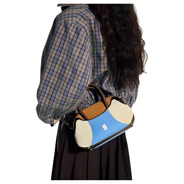 古良吉吉 时尚潮流洋气高级波士顿包 合成革 手提包 小号 女款 蓝拼棕