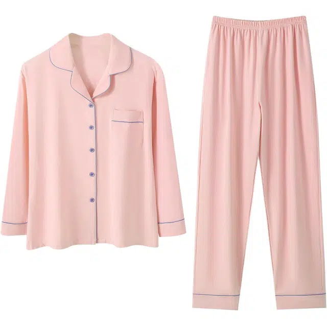 欧迪芬 纯棉秋冬四季款舒适透气柔软亲肤简约条纹时尚绅士吸湿排汗青春可爱带杯垫可外穿睡衣套装 女款