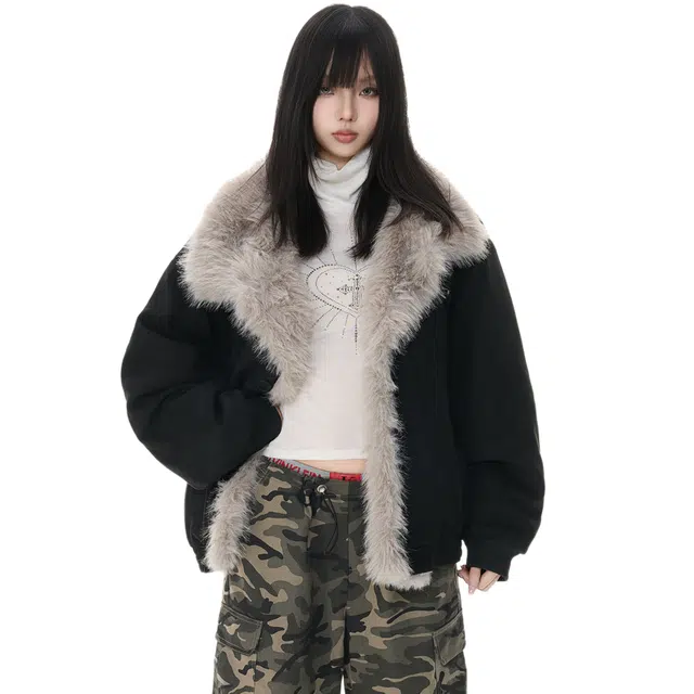 吾皇猫 高级感美式复古加棉加绒加厚保暖冬装棉袄外套无性别主义时尚潮流高端品质设计感解构冬季百搭高街休闲宽松舒适毛领棉服 男女同款