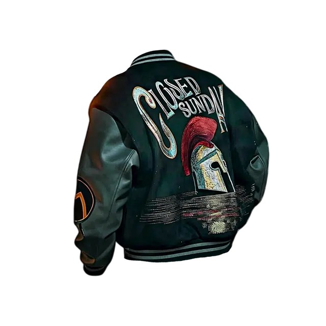 笔杏 街头潮酷风连帽夹克重工刺绣皮质拼接字母提花设计感穿搭防风保暖彰显个性潮流艺术气息浓郁日常百搭上衣 棒球服 男女同款