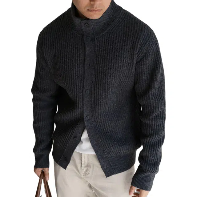 余闲 美式坑条羊毛混纺立领纽扣开衫休闲商务复古毛衣秋冬针织衫 男款