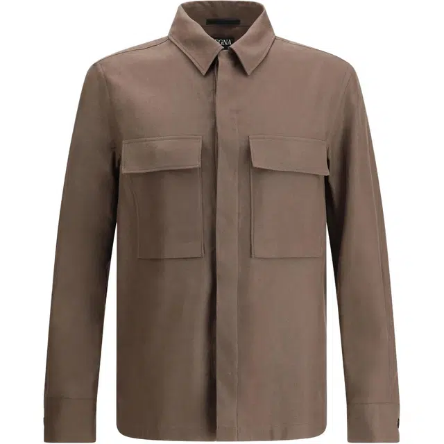 杰尼亚 亚麻衬衫式贴袋长袖 夹克外套 男款