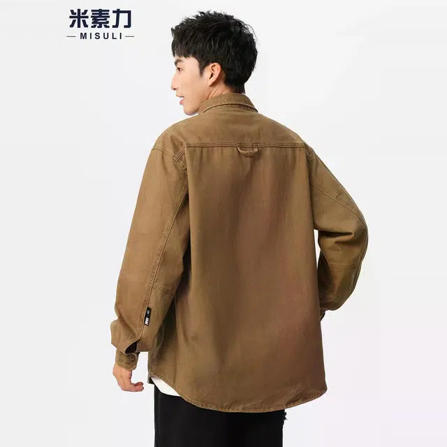 米素力 宽松纯棉美式工装纯色落肩袖长袖衬衫 男女同款