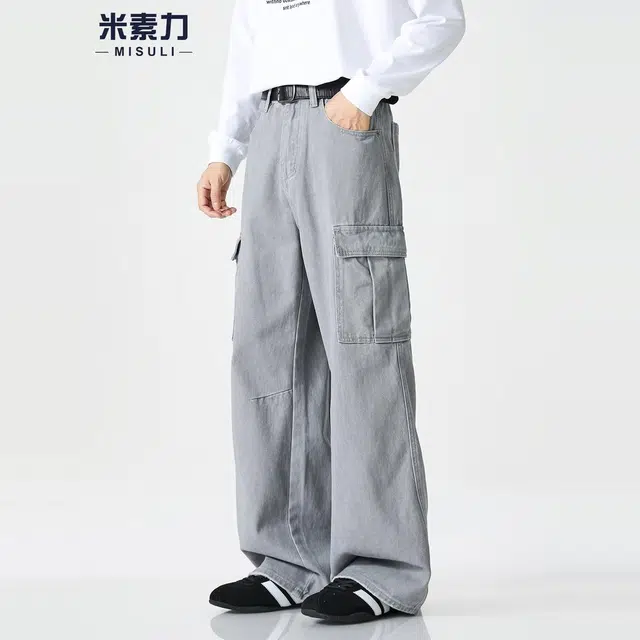 米素力 直筒宽松阔腿纯色工装中腰牛仔裤 男款