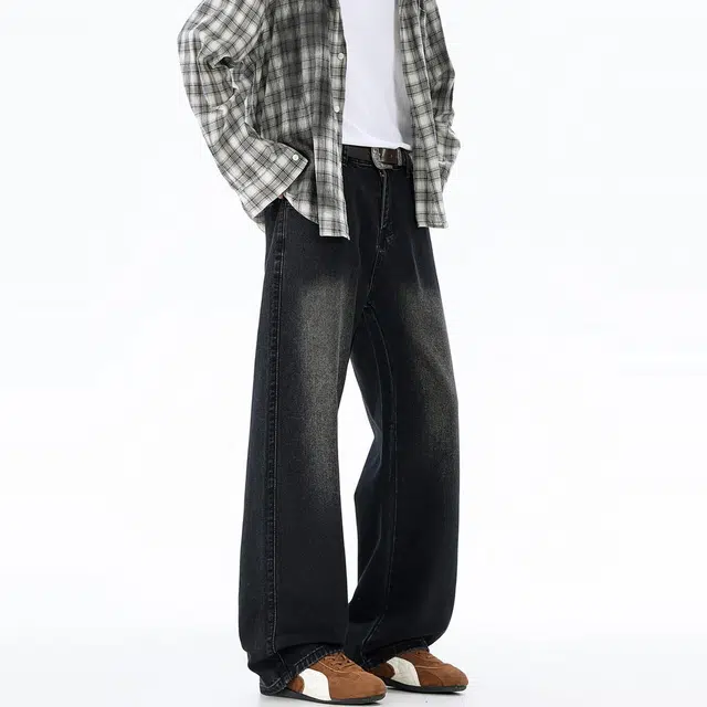 地界二 裤子男宽松水洗高街直筒美式春秋弯刀休闲长裤牛仔裤 男款