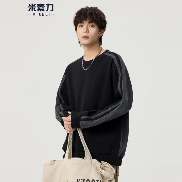 米素力 拼色百搭设计感落肩袖潮套头卫衣 男女同款