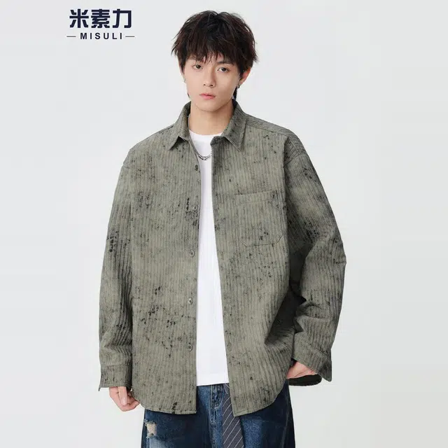 米素力 条纹肌理感百搭纯色落肩袖长袖潮衬衫 男女同款