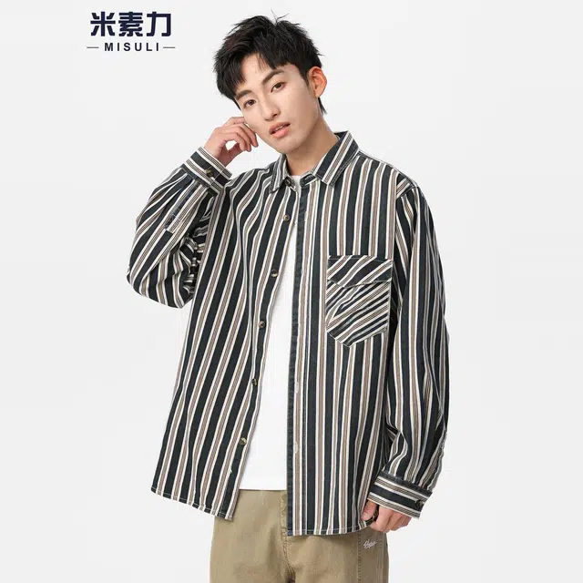 米素力 条纹外搭痞帅落肩袖长袖休闲风衬衫 男女同款