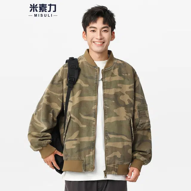 米素力 迷彩飞行员秋季落肩袖宽松型美式夹克 男女同款