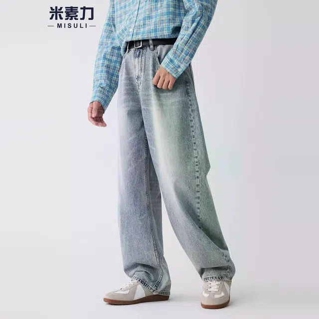 米素力 水洗做旧男士直筒纯色宽松休闲中腰牛仔裤 男女同款