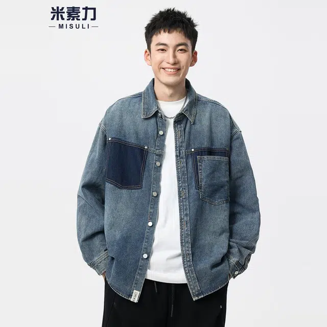 米素力 设计感男士秋季几何图案长袖翻领宽松型牛仔外套 男女同款