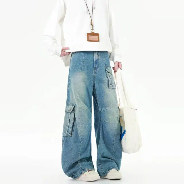 地界二 美式复古潮牌做旧水洗蓝色重工多口袋工装裤男宽松阔腿长裤水洗蓝色重工宽松潮流中腰牛仔裤 男款