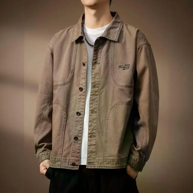 贵色 秋季 港风时尚潮流复古重磅水洗耐磨长袖男士潮牌高街字母印花设计日常穿搭休闲猎装工装夹克牛仔外套 宽松型 男女同款