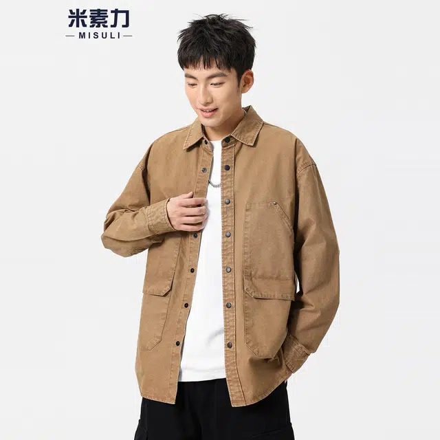米素力 纯棉长袖秋季纯色落肩袖轻奢风衬衫 男款