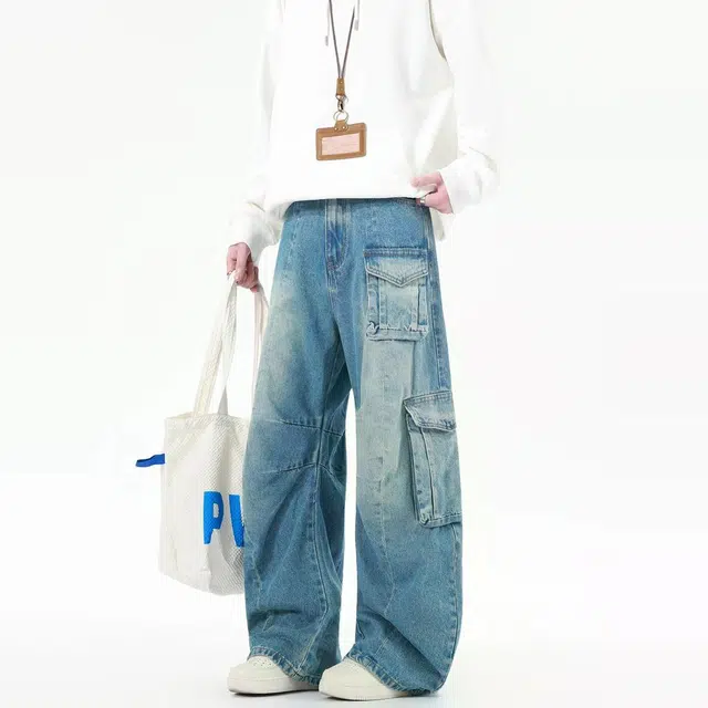 地界二 美式复古潮牌做旧水洗蓝色重工多口袋工装裤男宽松阔腿长裤水洗蓝色重工宽松潮流中腰牛仔裤 男款