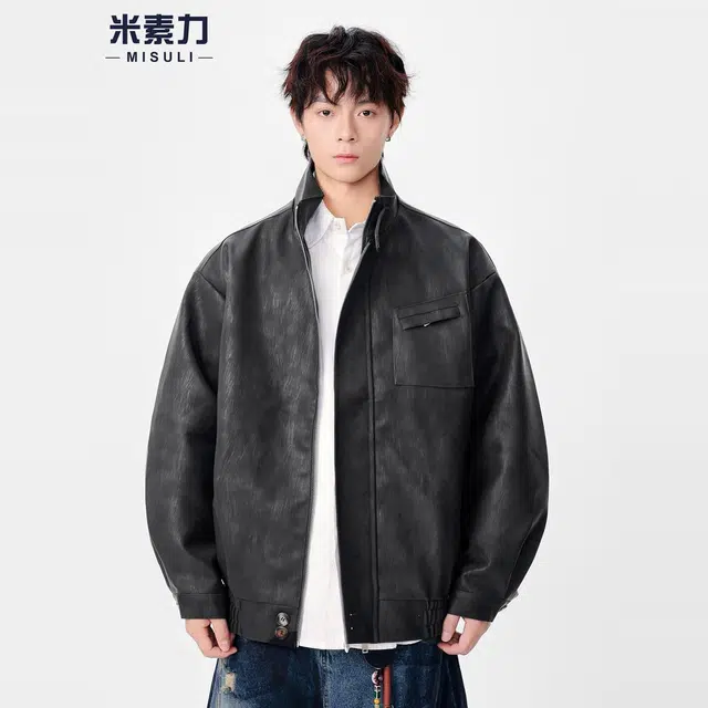 米素力 立领机车潮纯色长袖翻领宽松型真皮皮衣夹克 男款