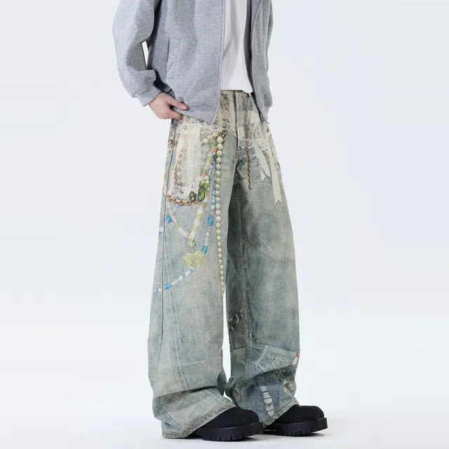 PANDA ADEVIL 3D Washed Loose Denim Pants
