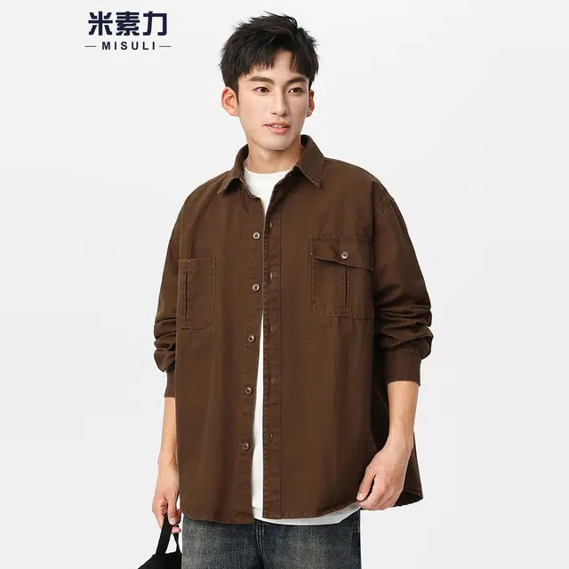 米素力 纯棉长袖秋季纯色落肩袖休闲风衬衫 男女同款