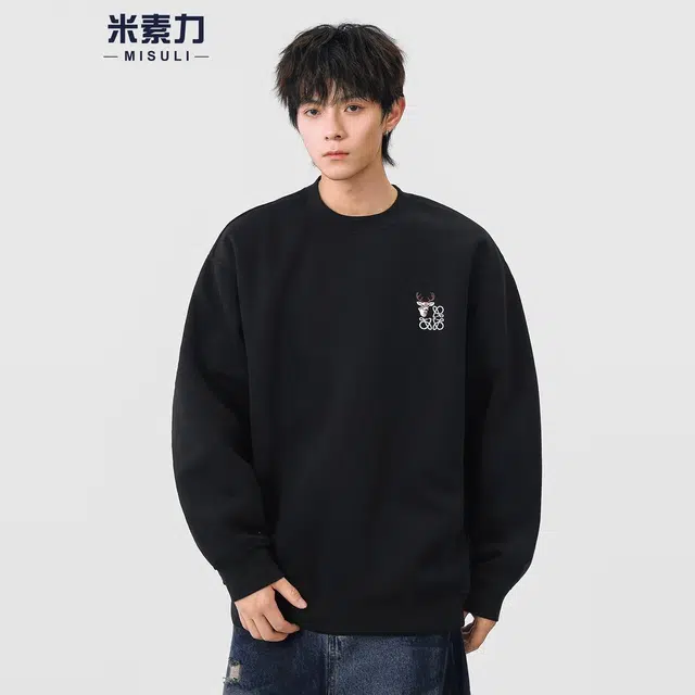 米素力 刺绣圆领秋季落肩袖潮套头卫衣 男女同款