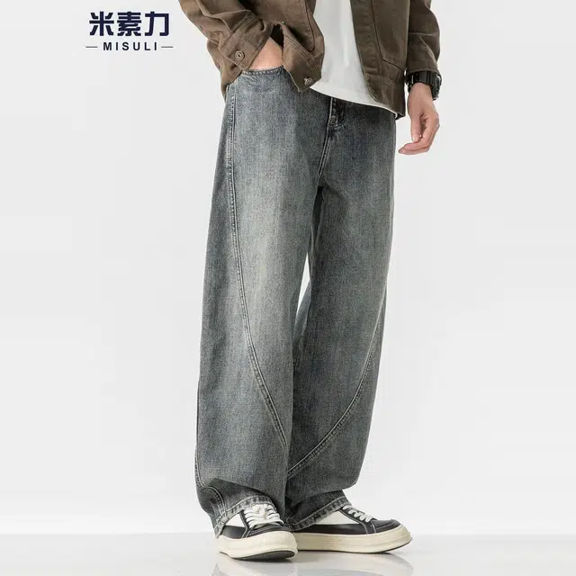 米素力 水洗复古秋季宽松美式中腰牛仔裤 男女同款