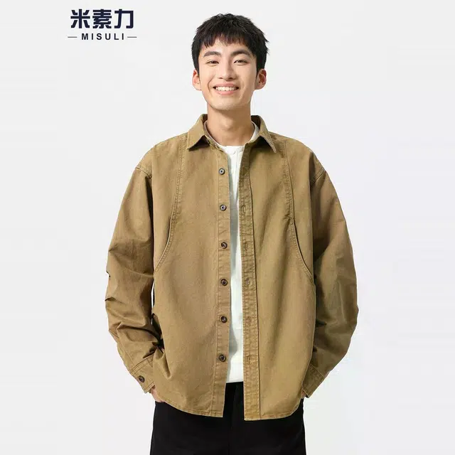 米素力 纯棉春秋款潮牌落肩袖长袖潮衬衫 男女同款