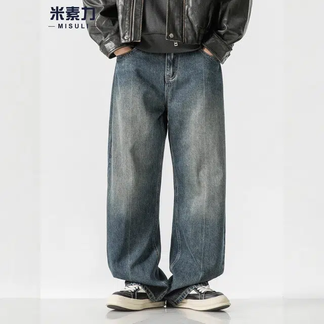 米素力 复古水洗日系直筒休闲中腰牛仔裤 男女同款