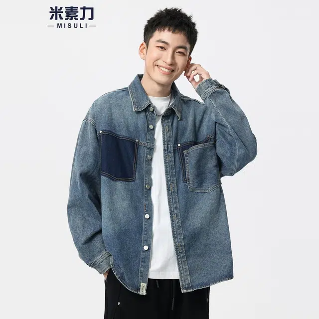 米素力 设计感男士秋季几何图案长袖翻领宽松型牛仔外套 男女同款