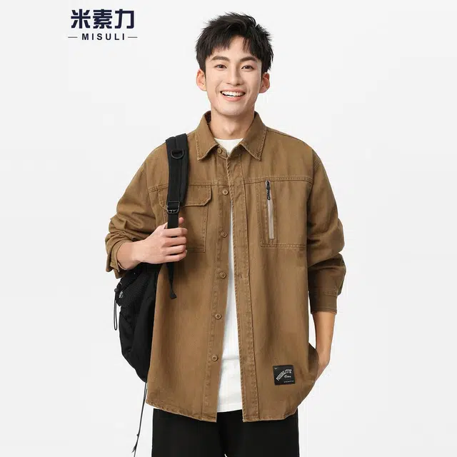 米素力 宽松纯棉美式工装纯色落肩袖长袖衬衫 男女同款