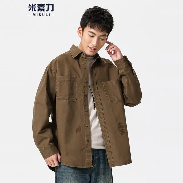 米素力 复古翻领长袖刺绣落肩袖休闲风衬衫 男女同款