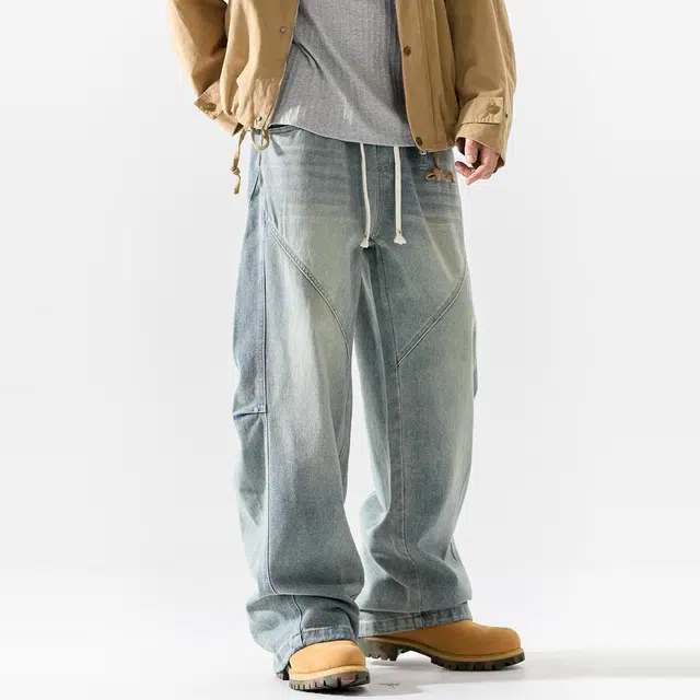 杜克恩 美式水洗做旧弯刀裤秋季高街潮流复古拼接解构宽松阔腿工装牛仔裤 男款