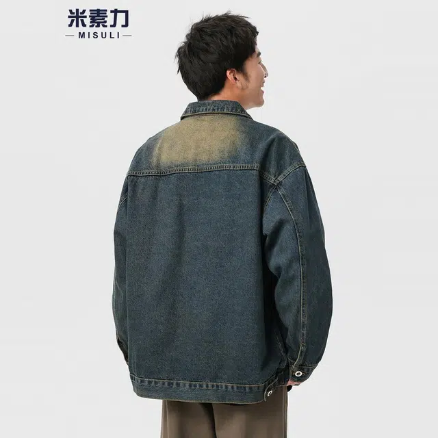 米素力 水洗做旧破洞潮流渐变落肩袖长袖翻领宽松型牛仔外套 男女同款