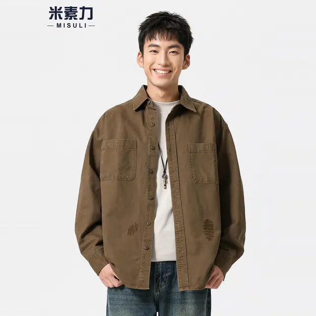 米素力 复古翻领长袖刺绣落肩袖休闲风衬衫 男女同款