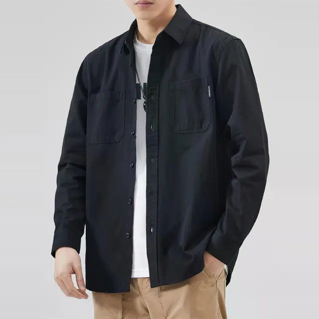 纯团 重磅美式复古潮牌纯色休闲宽松长袖衬衫 男款