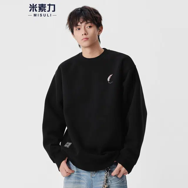 米素力 纯色重磅长袖刺绣落肩袖潮套头卫衣 男女同款