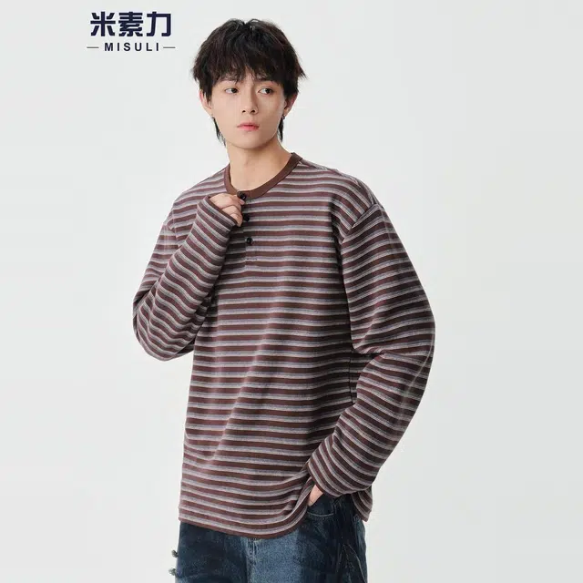 米素力 宽松日系圆领条纹落肩袖长袖潮套头卫衣 男女同款