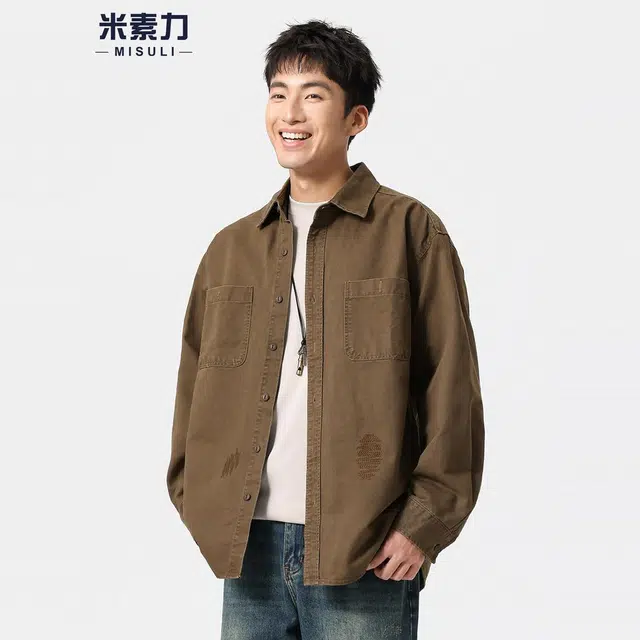 米素力 复古翻领长袖刺绣落肩袖休闲风衬衫 男女同款