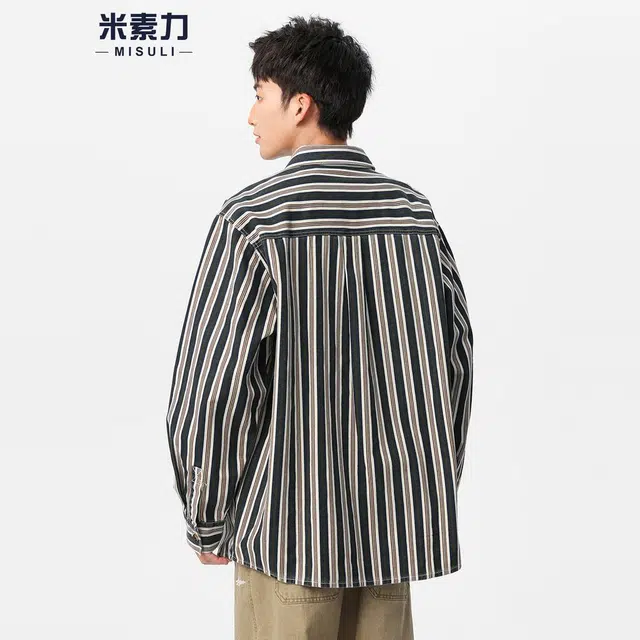 米素力 条纹外搭痞帅落肩袖长袖休闲风衬衫 男女同款
