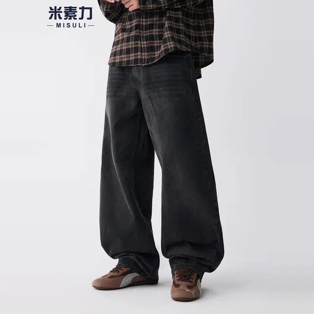 米素力 复古高街纯色宽松休闲中腰牛仔裤 男女同款