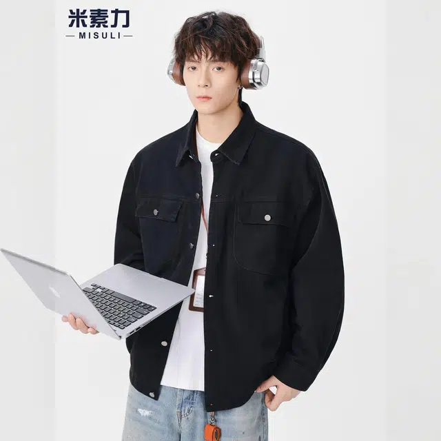 米素力 复古宽松短款纯色落肩袖潮夹克 男女同款