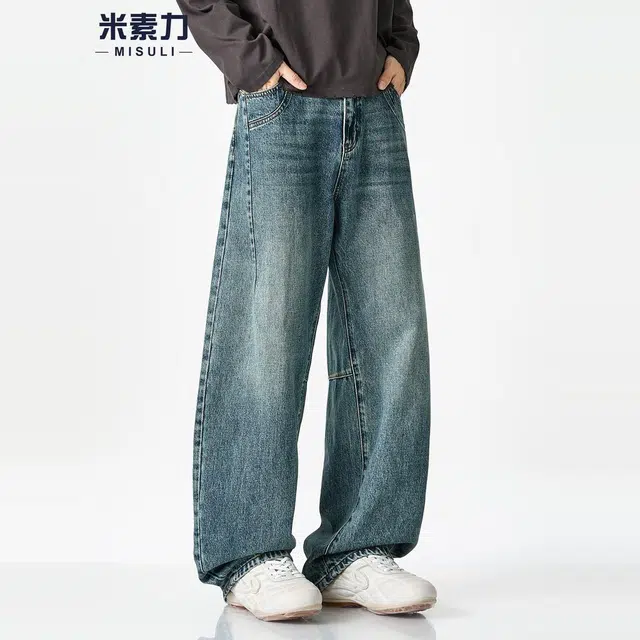 米素力 宽松秋季拖地美式中腰牛仔裤 男女同款
