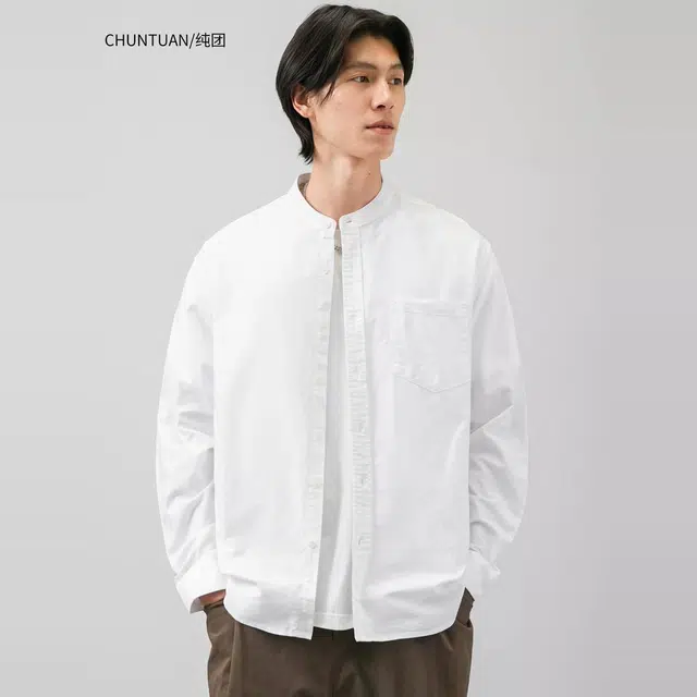 纯团 纯棉牛津纺立领衬衣外套春秋季外搭美式亨利领休闲高级感百搭通勤长袖衬衫 男女同款