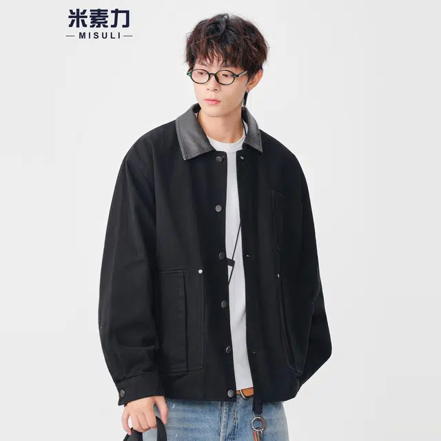 米素力 重磅水洗猎装男士纯色落肩袖宽松型潮夹克 男女同款