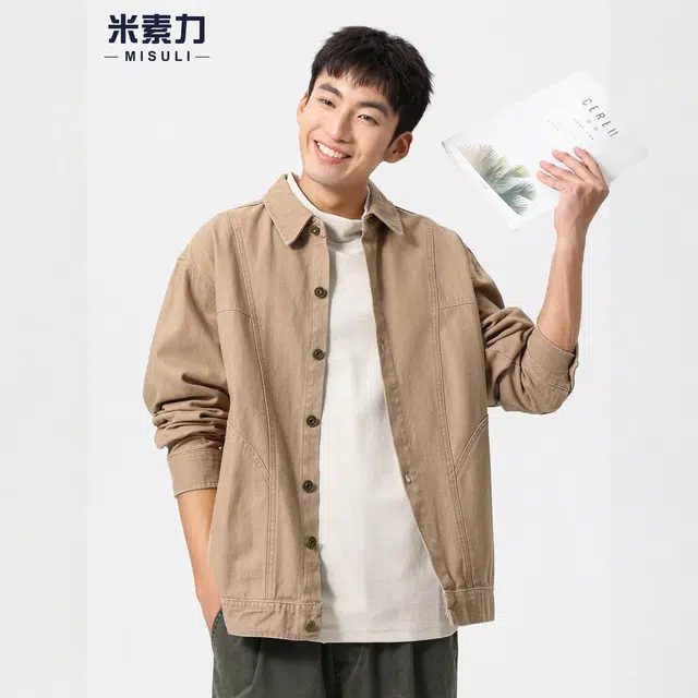 米素力 竹节纹衬衫式秋季落肩袖宽松型休闲风夹克 男女同款