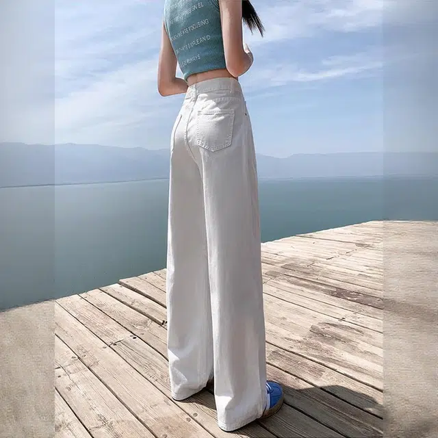 欧迪芬 韩式辣妹天菜小个子女神裤显瘦梨形身材白色皱褶窄版休闲裤子女士春夏秋显高腰遮肉直筒垂感拖地阔腿裤通勤百搭潮流女牛仔裤 女款